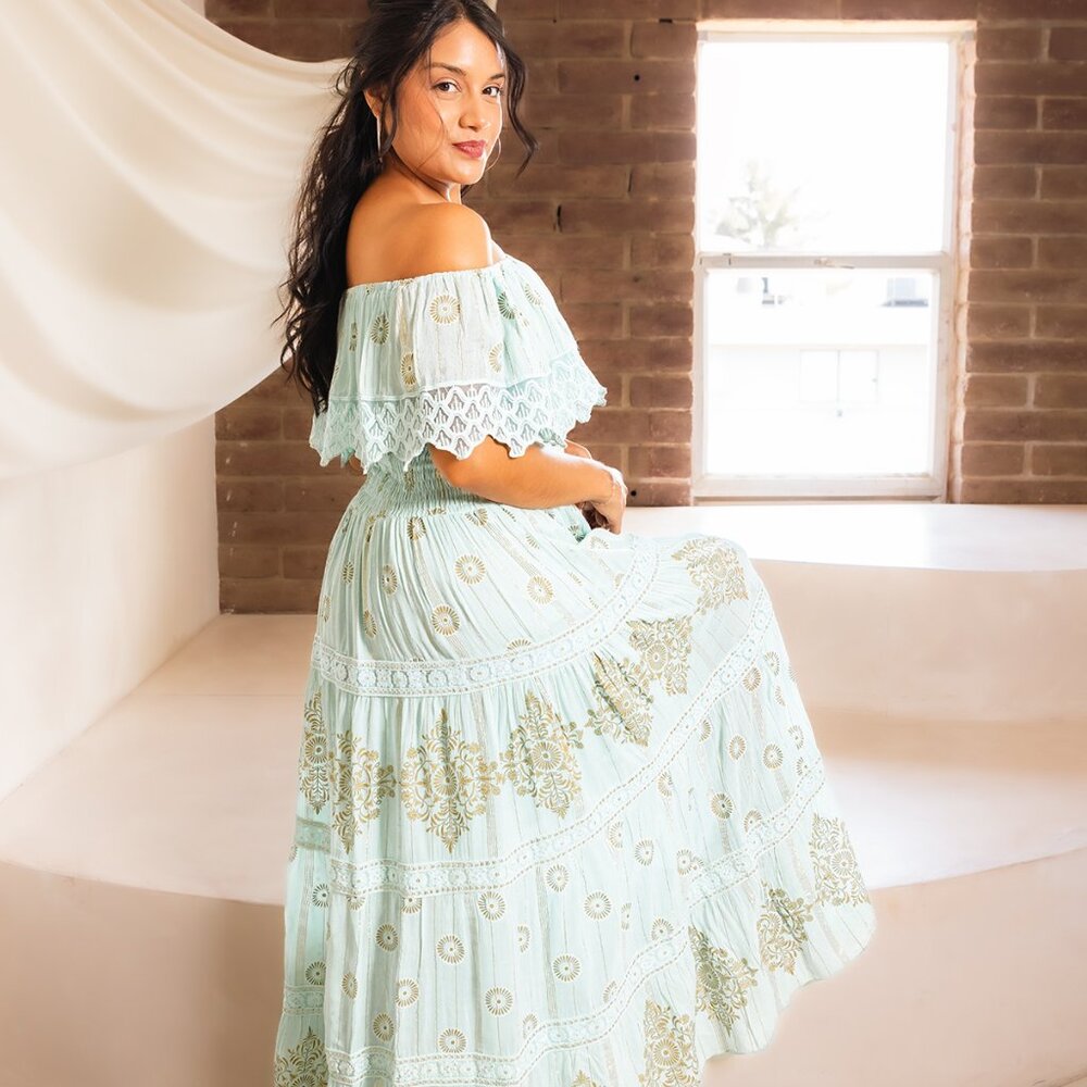 Boho Mint Green Maxi Dress Off Shoulder Ruffle Lace Print Smocked Waist Size S
